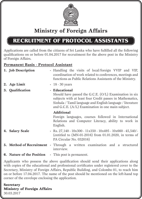 Protocol Assistant - Ministry of Foreign Affairs